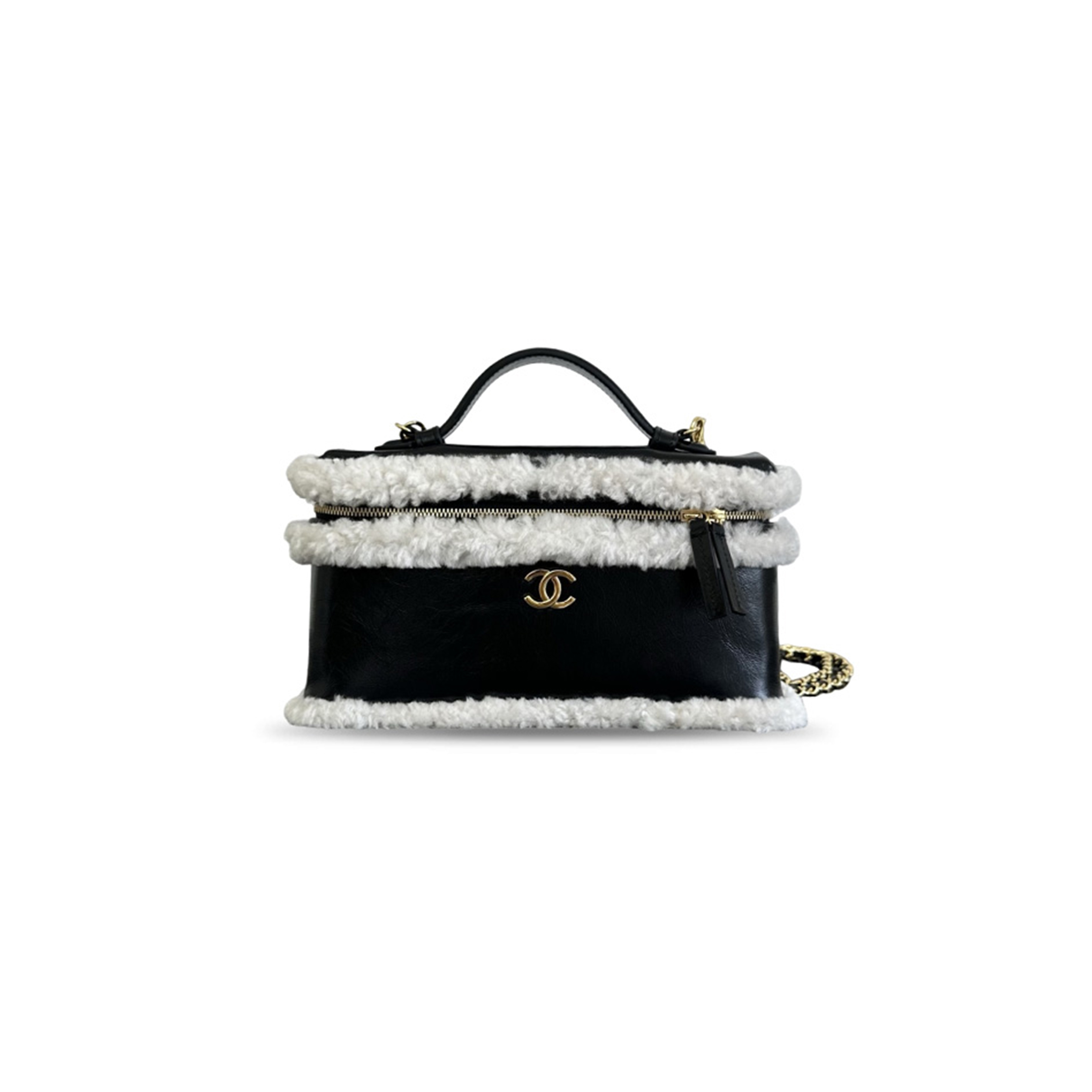 CHANEL LONG VANITY WITH CHAIN SHINY CALFSKIN & SHEARLING LAMBSKIN BLACK WHITE (19.5*17*5cm)